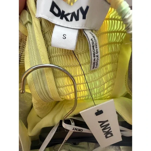 Dkny Midi Dress Womens S Watercolor Hues Ruched Printed Satin Short Sleeve NWT - Picture 9 of 11